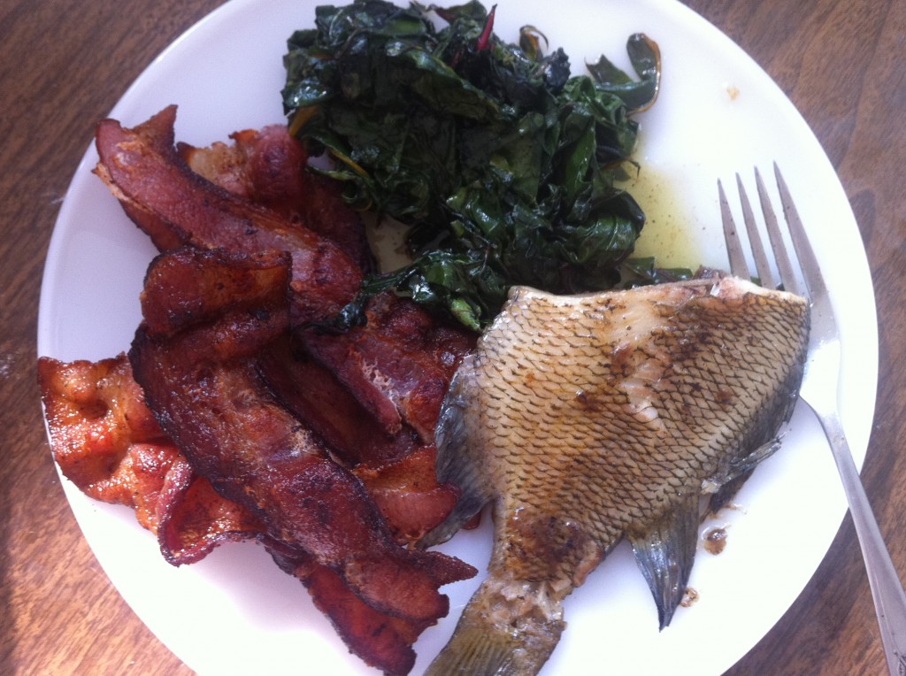 breakfast: bacon, fish and swiss chard