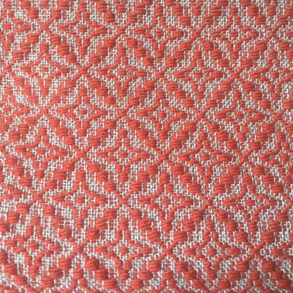Overshot scarf detail, fine wool background warp & weft and Danish wool singles as pattern weft