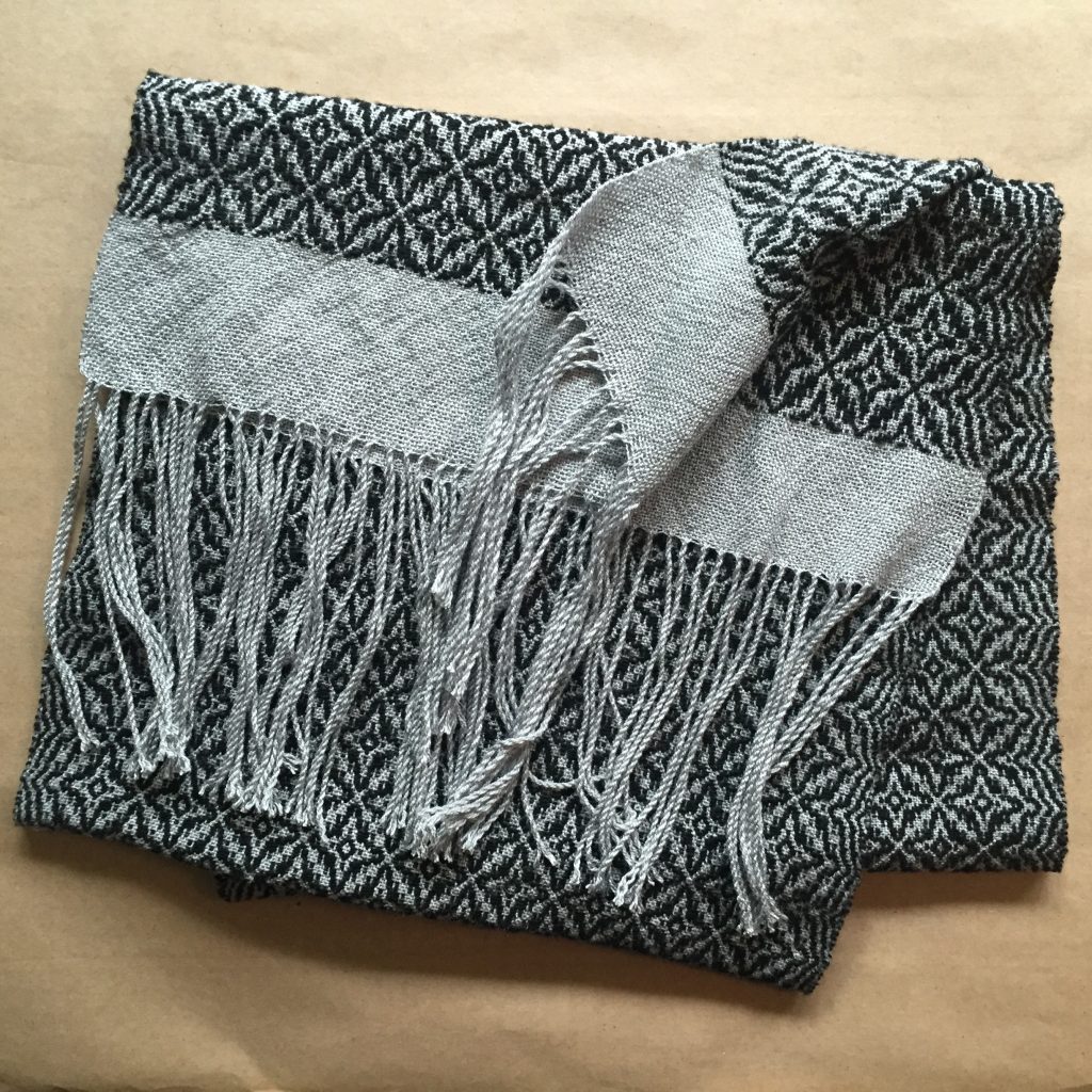 Overshot scarf, fine wool background warp & weft and silk noil pattern weft