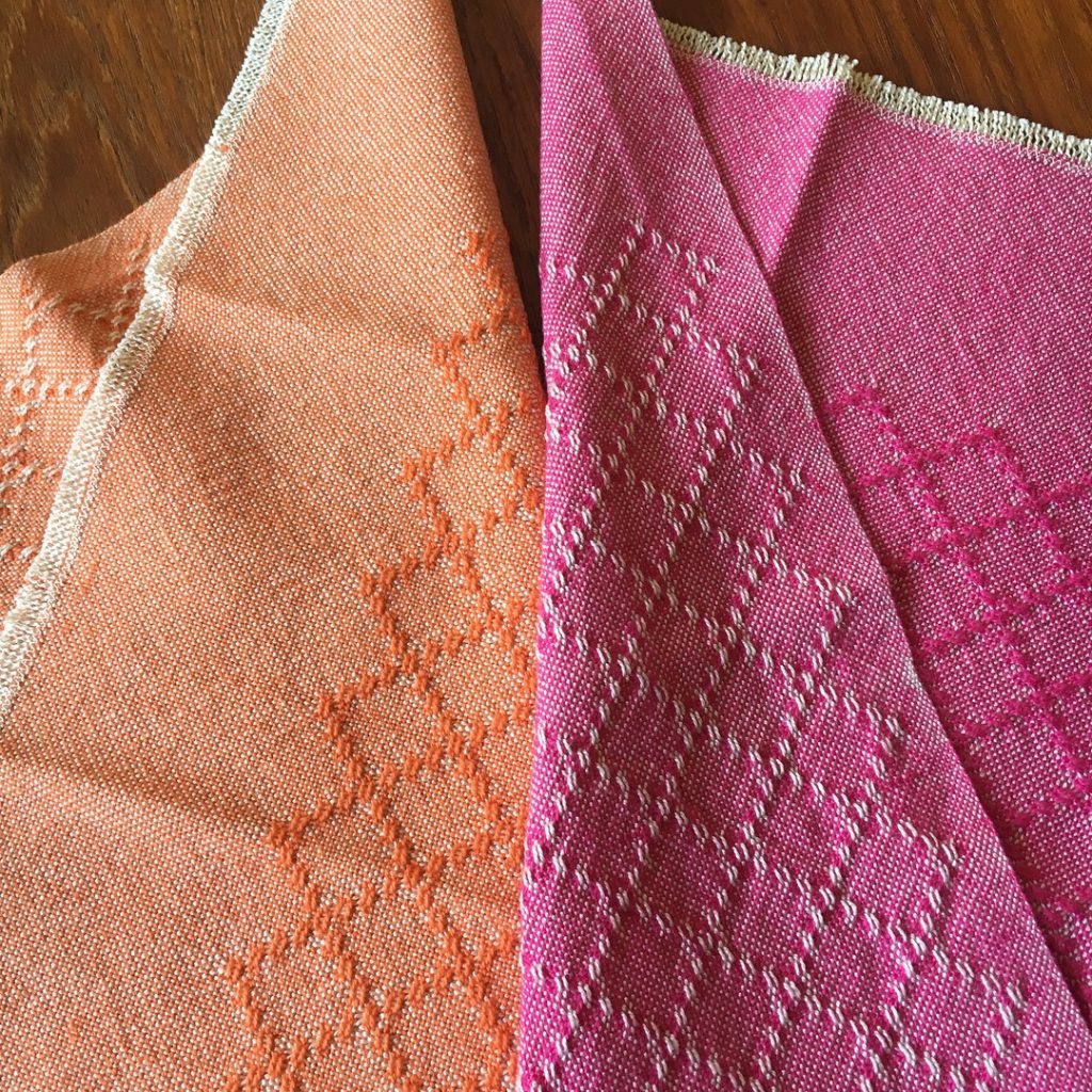 two bright and fun huck lace napkins in 8/2 cotton