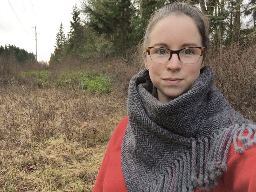 Black and gray herringbone twill scarf with pink accents